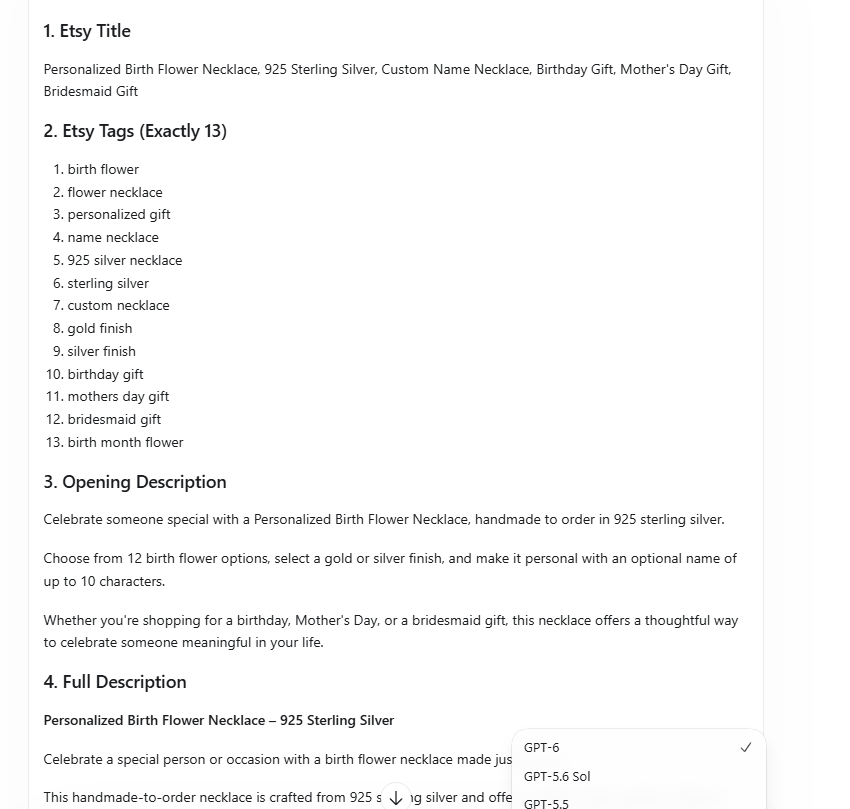 Saved user-provided necklace title, 13 tags and opening description, with GPT-6 selected at screenshot time